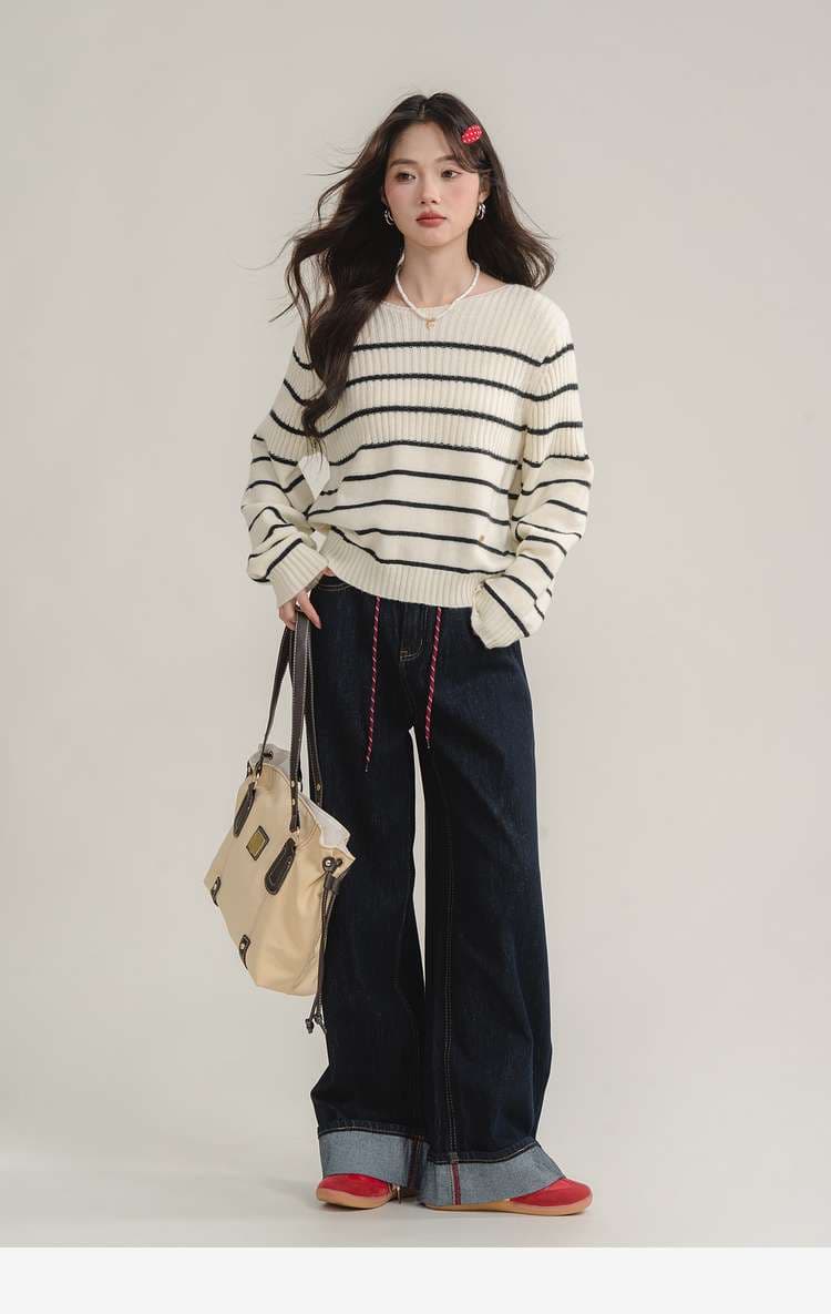 洗練カジュアルが叶う、ボーダーリブニットトップス｜デート服