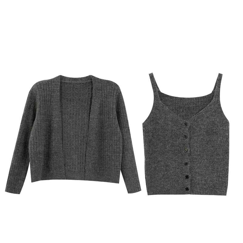 リブニットカーディガン＆キャミソールセット｜デート服