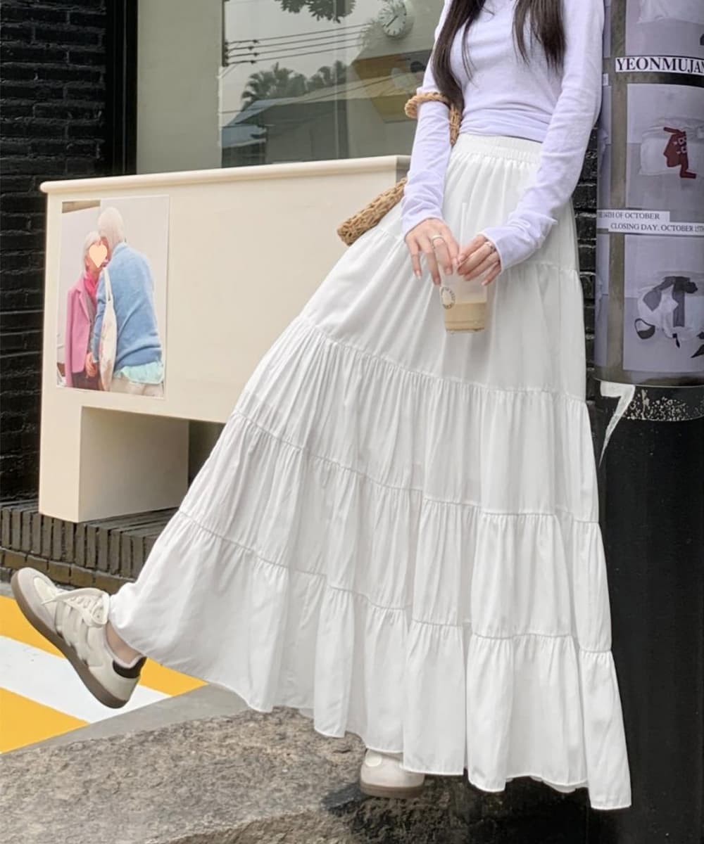 デート服 ふんわり五段ティアードスカート 韓国風ロング