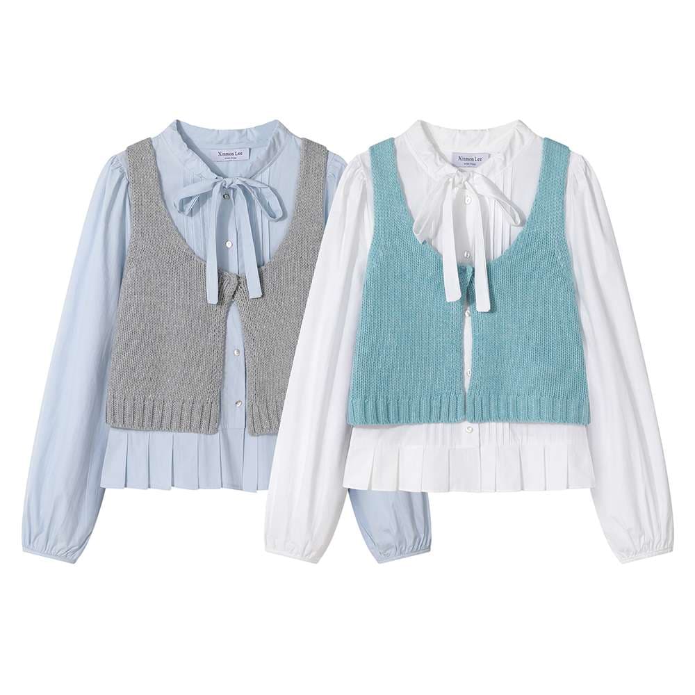 リボンタイ付きブラウス＆ニットベストセット｜デート服