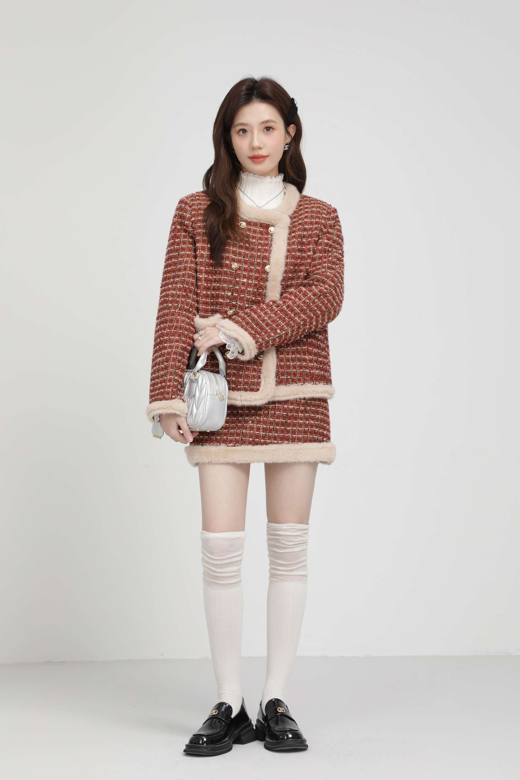ファー付きツイードセットアップ｜デート服