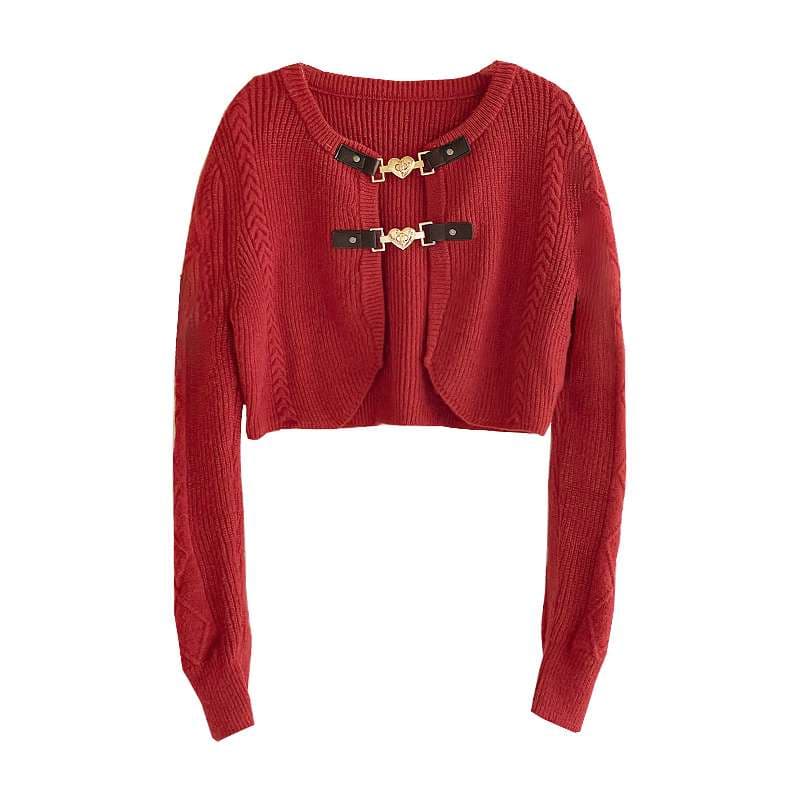 レトロ風クルーネックカーディガン&サスペンダースカート｜デート服