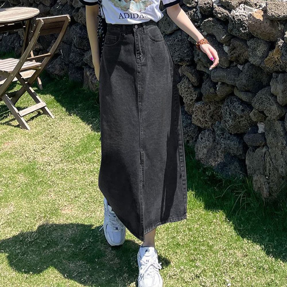 デート服 ハイウエストデニムスカート スリット入り 美脚タイト
