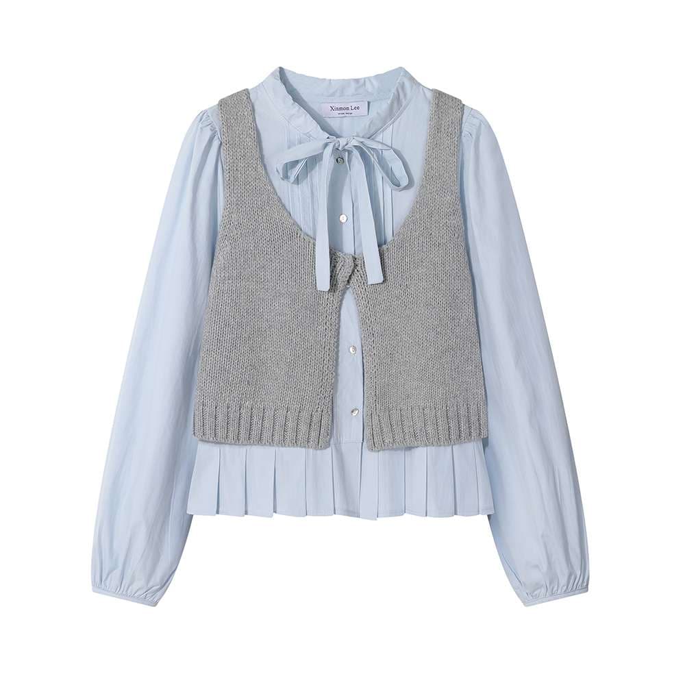 リボンタイ付きブラウス＆ニットベストセット｜デート服