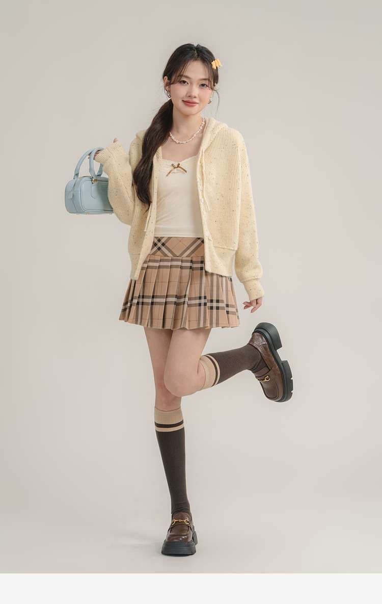 フード付きリブニットカーディガン｜デート服
