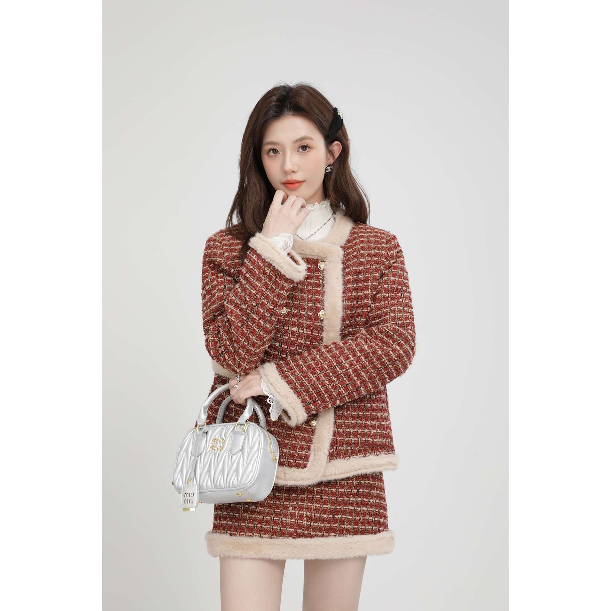 ファー付きツイードセットアップ｜デート服