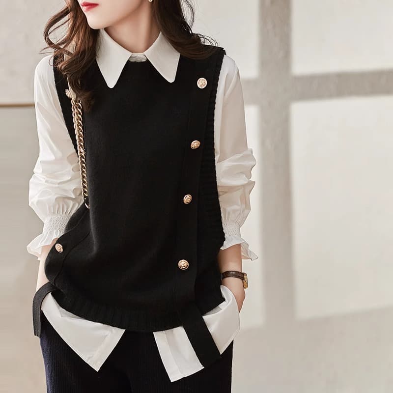 オンもオフも着回せる、ニットベスト×シャツセット｜デート服