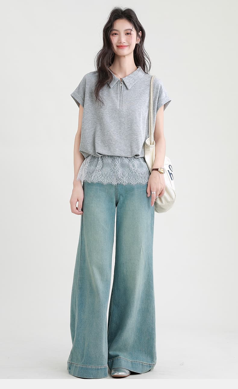 レースヘムジップポロトップス｜デート服