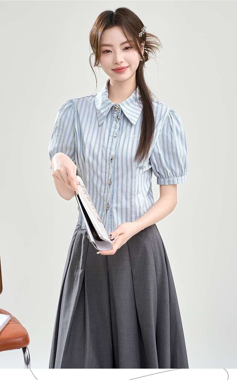 ふんわり袖のストライプシャツ｜デート服