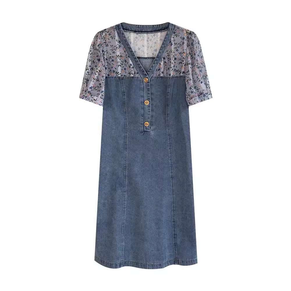 花柄切り替えデニムワンピース｜デート服