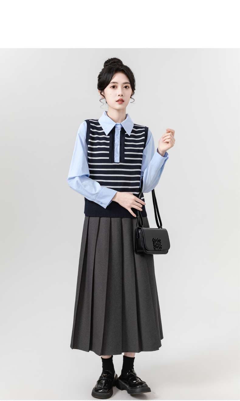 レイヤードニットベスト襟付きシャツ｜デート服