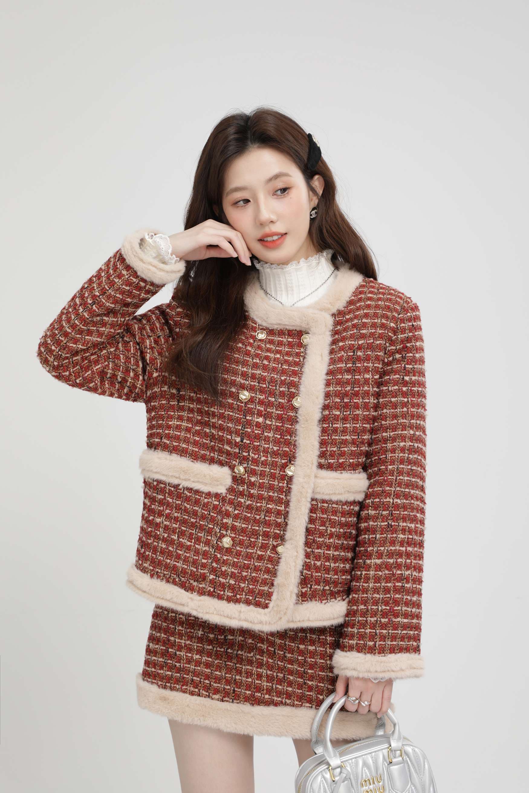 ファー付きツイードセットアップ｜デート服