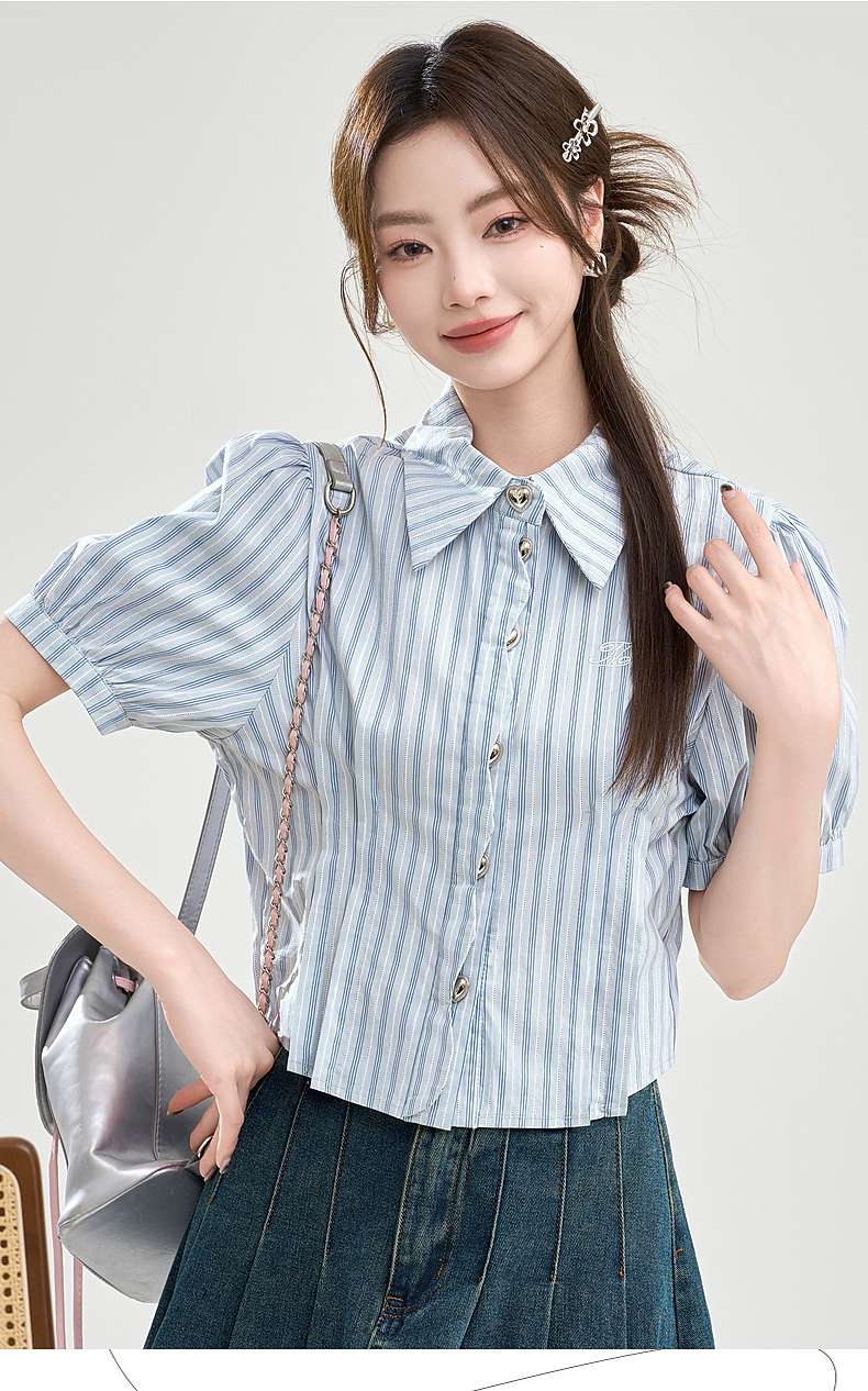 ふんわり袖のストライプシャツ｜デート服