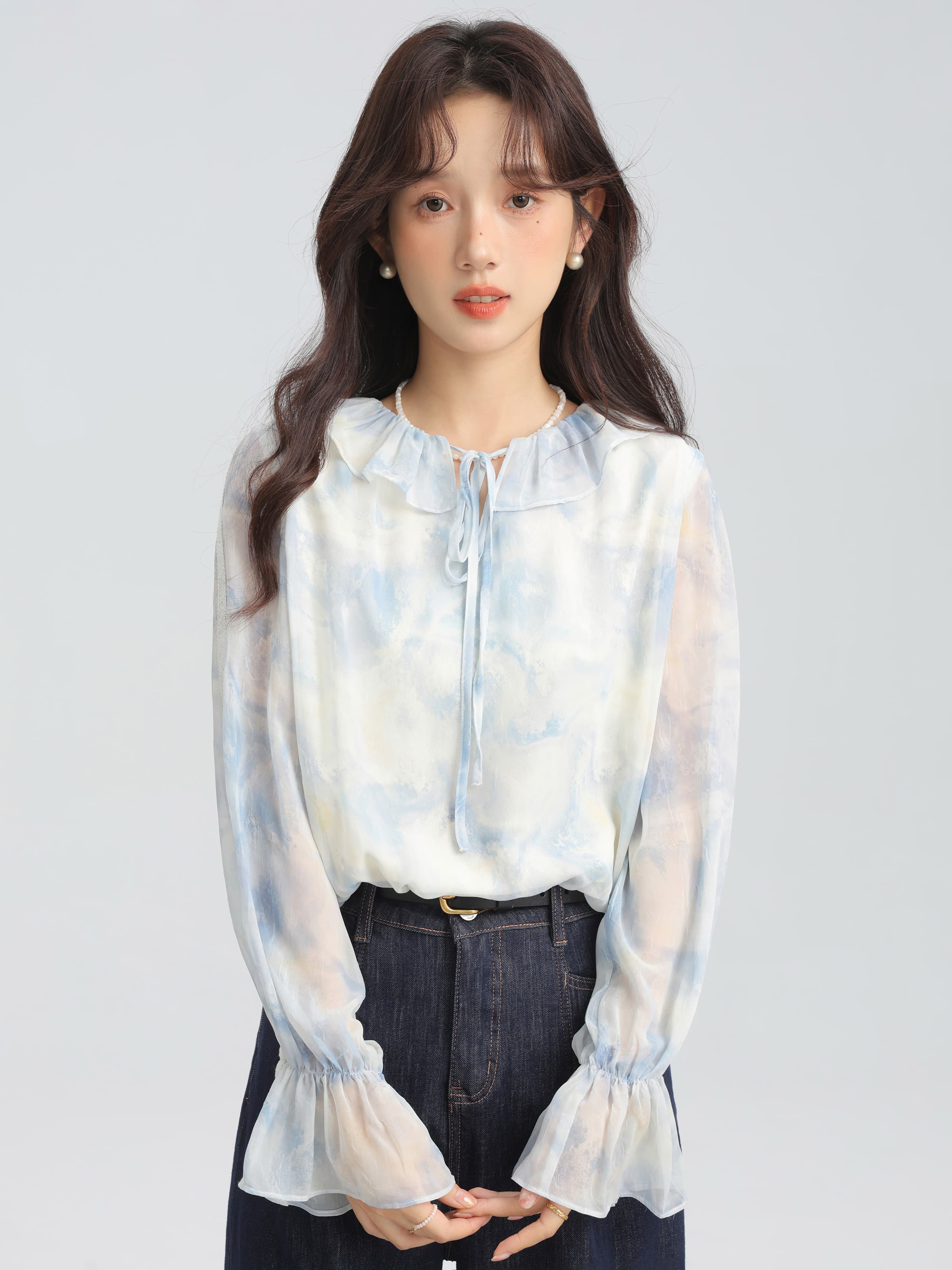 ウォーターペイントシフォンブラウス｜デート服