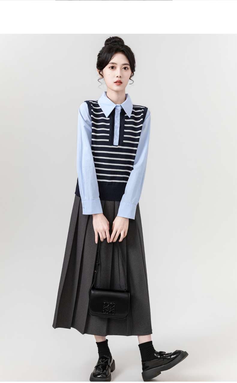 レイヤードニットベスト襟付きシャツ｜デート服