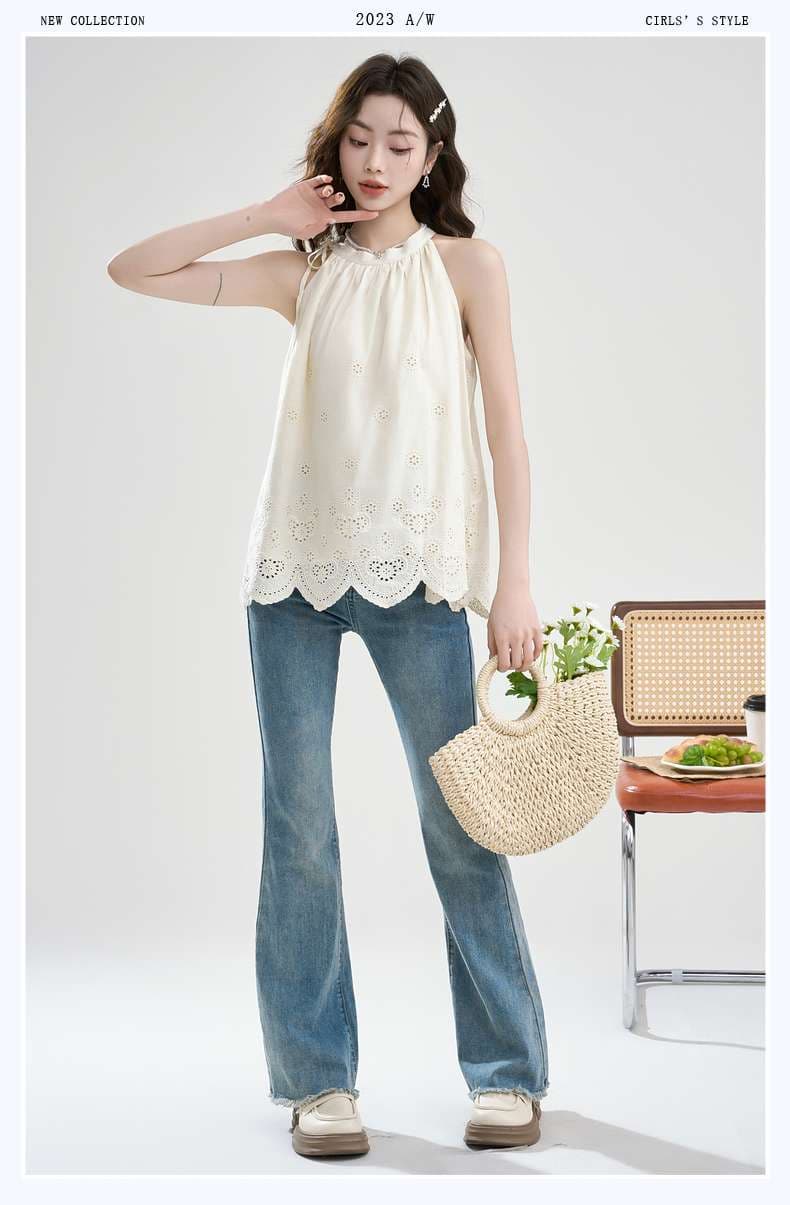 透かし模様入りホルターネックブラウス｜デート服