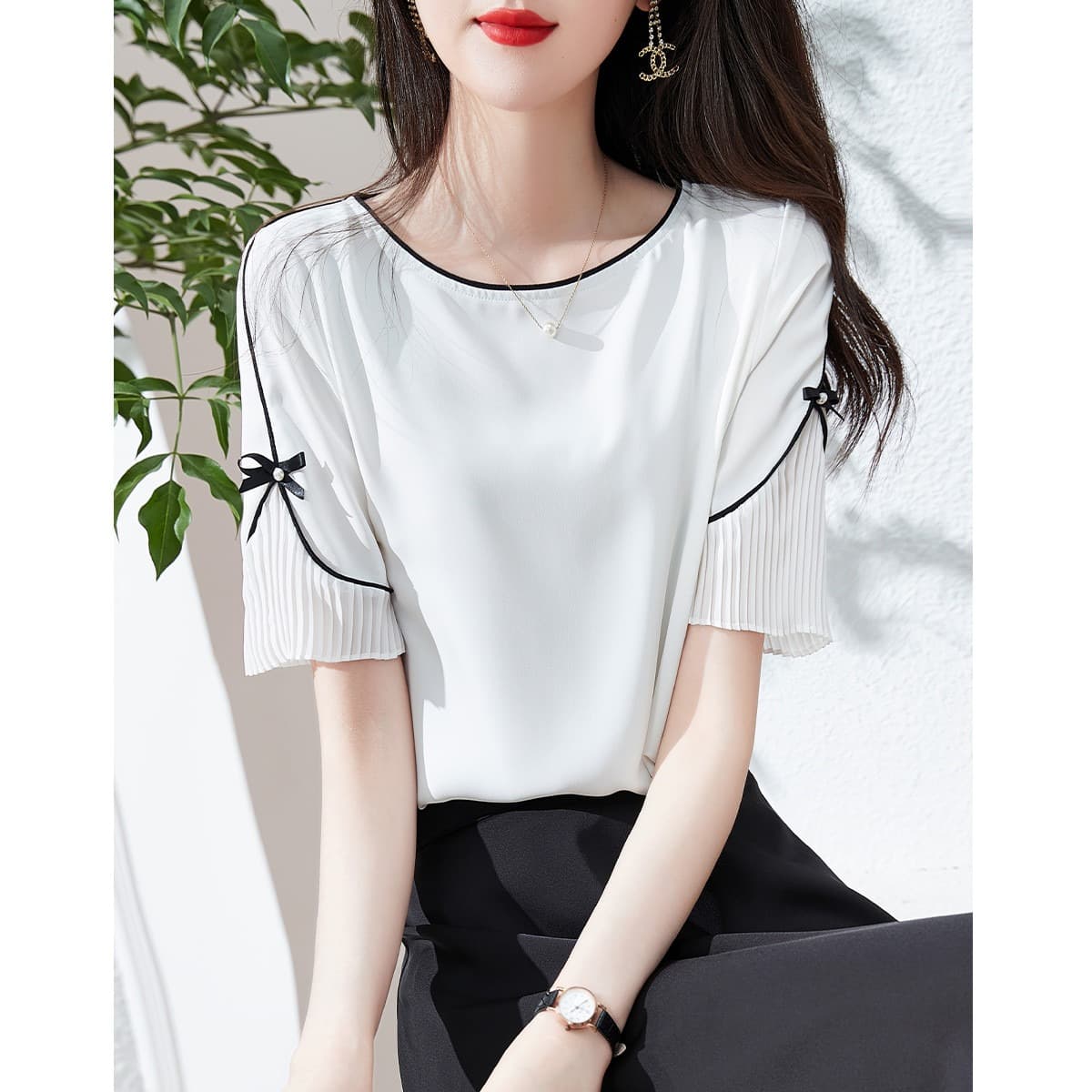 プリーツスリーブリボントップス｜デート服