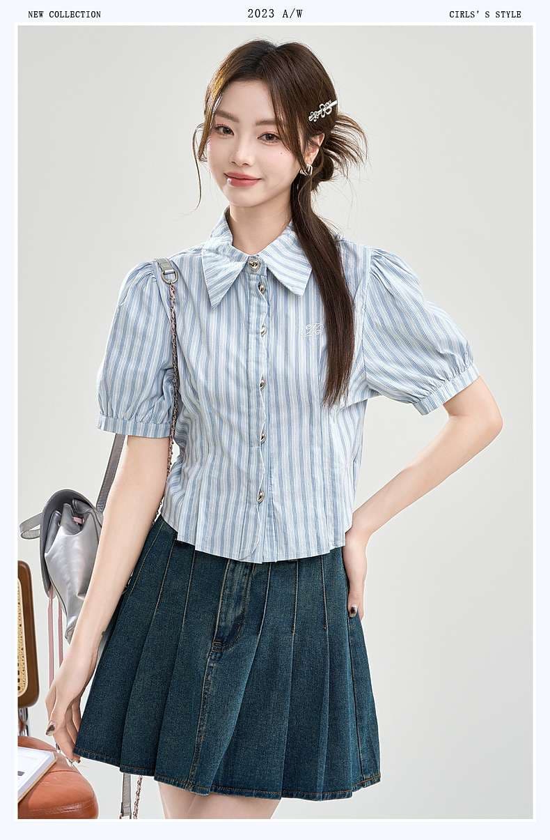 ふんわり袖のストライプシャツ｜デート服