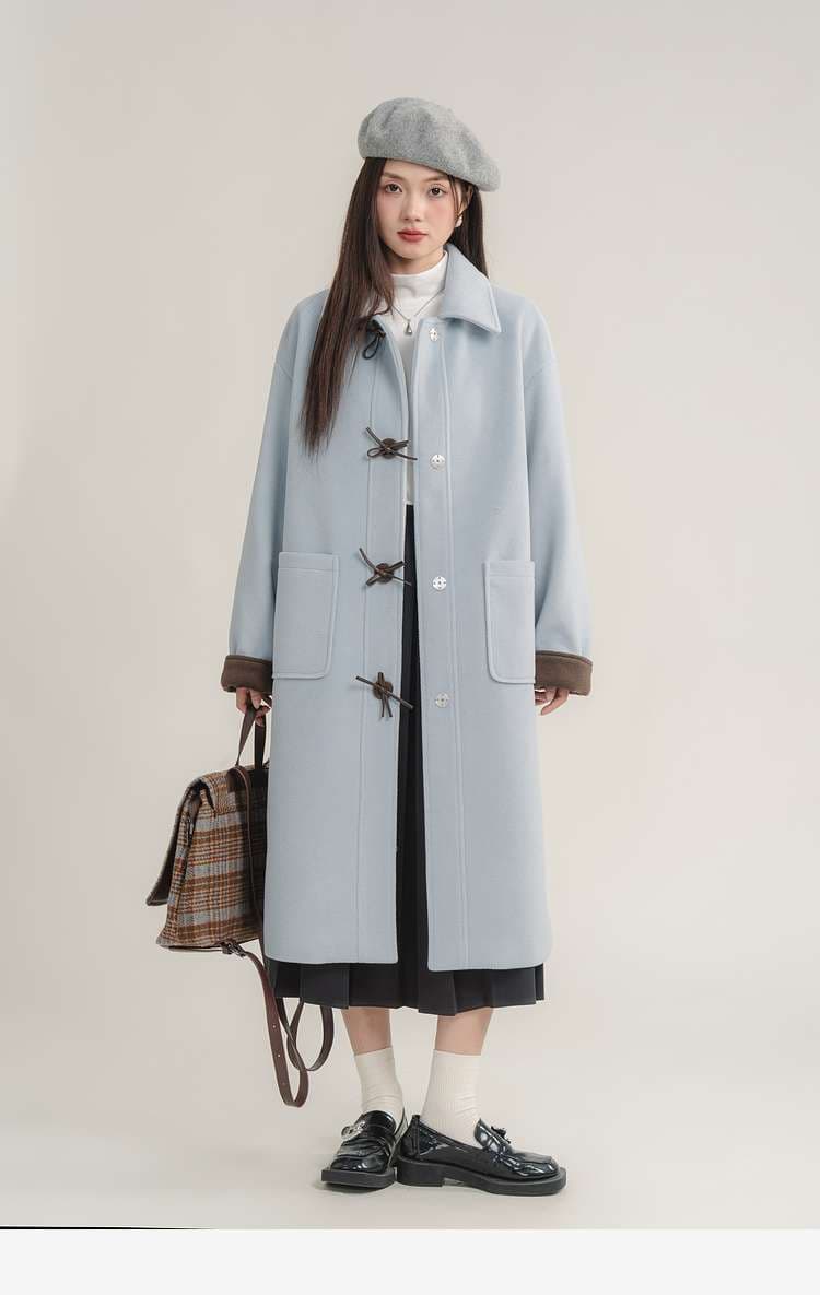 バイカラーダッフルロングコート｜デート服