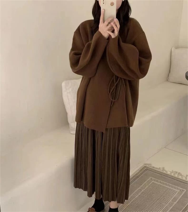 デート服秋のデート 秋冬 ゆったりニットカーディガン ウエストリボン付き