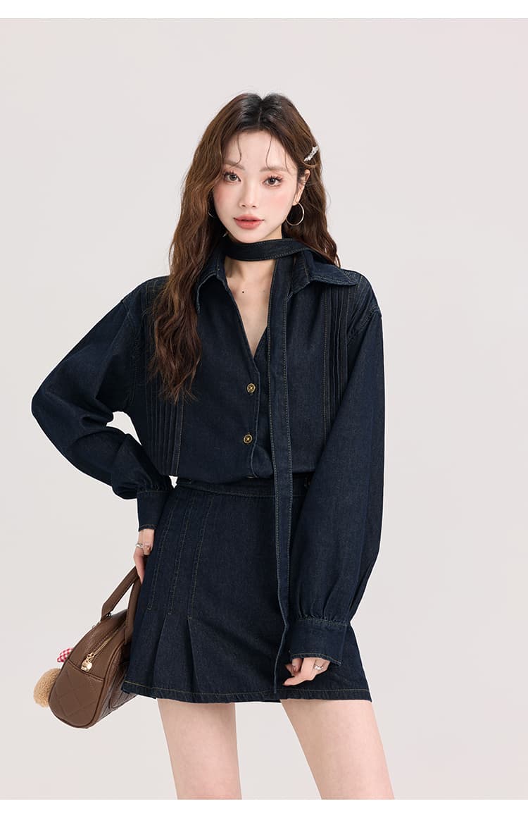 1着で好印象も着回し力も叶う、リボンタイデニムセットアップ｜デート服