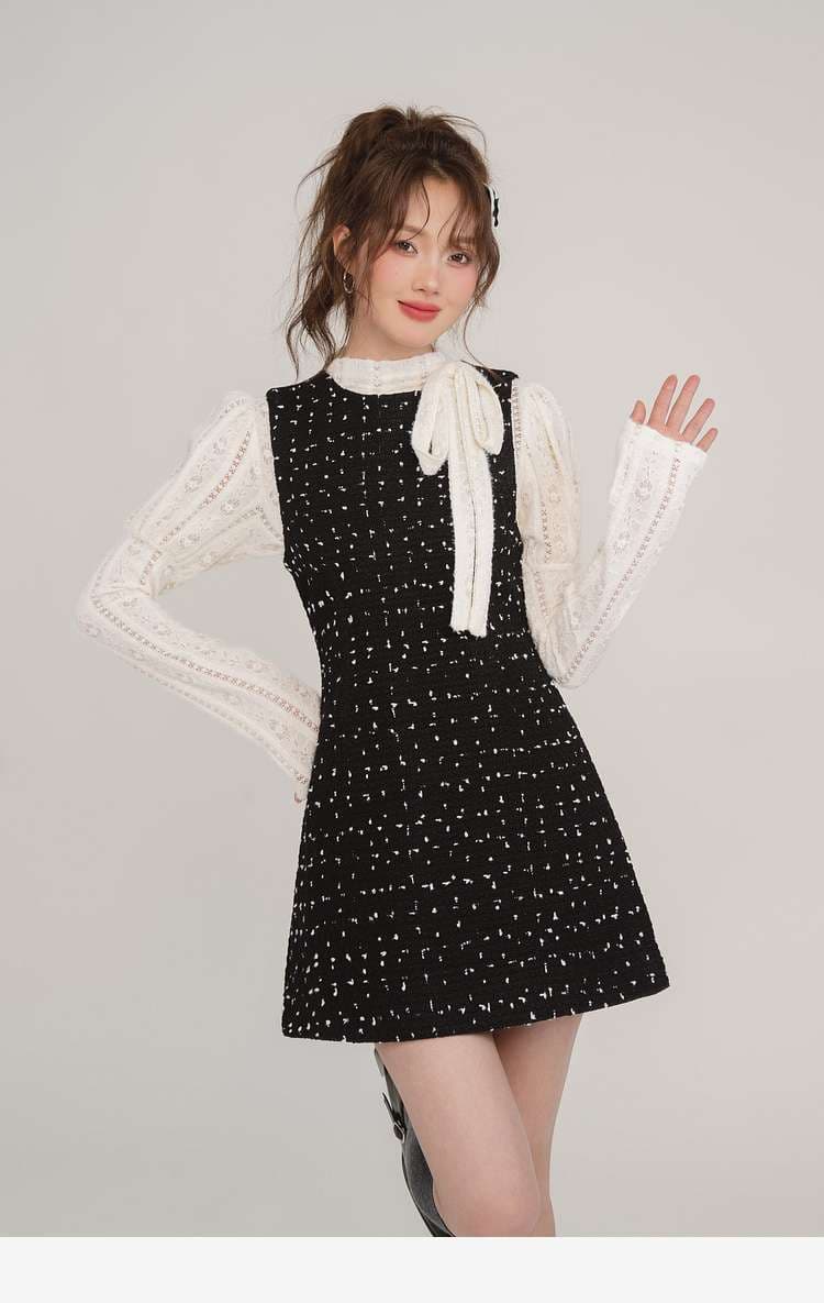 レーストップス＆ツイードミニワンピース セット｜デート服