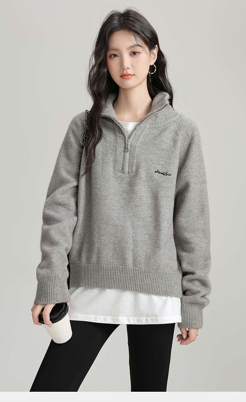 ゆったりハーフジップニットトップス｜デート服