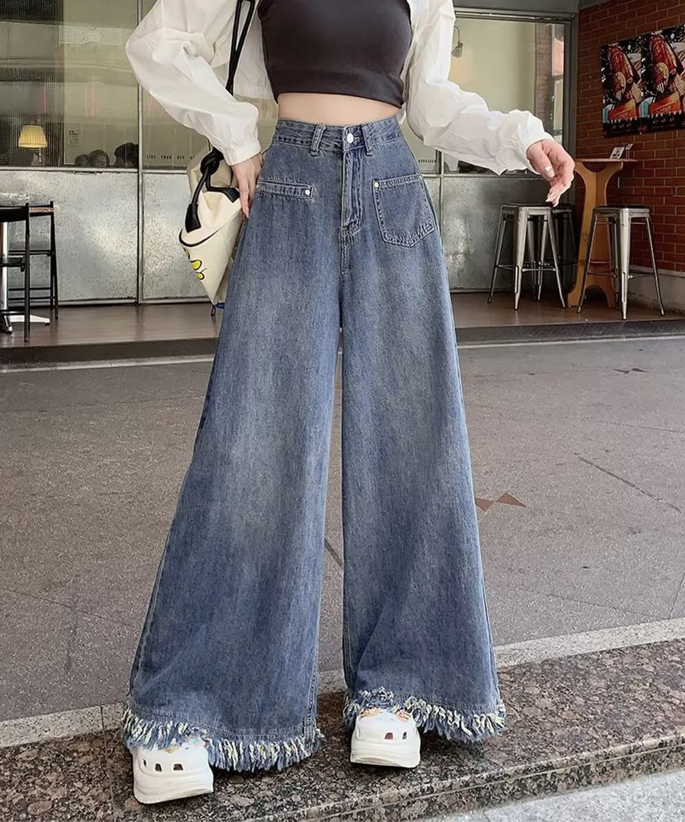 デート服 フリンジ裾 ワイドデニムパンツ 美脚ズボン