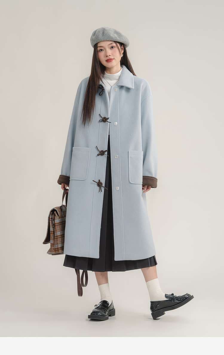 バイカラーダッフルロングコート｜デート服