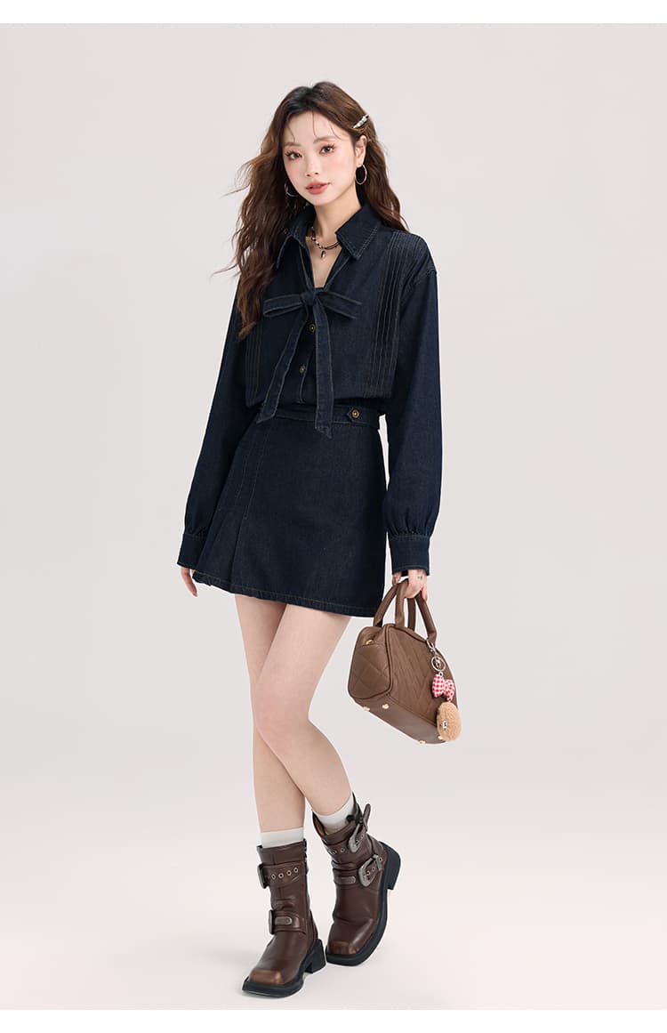 1着で好印象も着回し力も叶う、リボンタイデニムセットアップ｜デート服