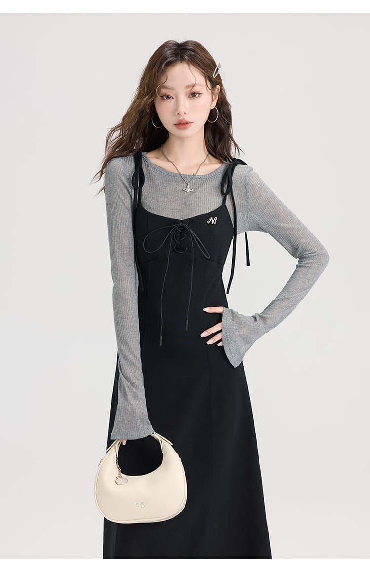 レースアップキャミワンピース＆シアーリブニットトップスセット｜デート服