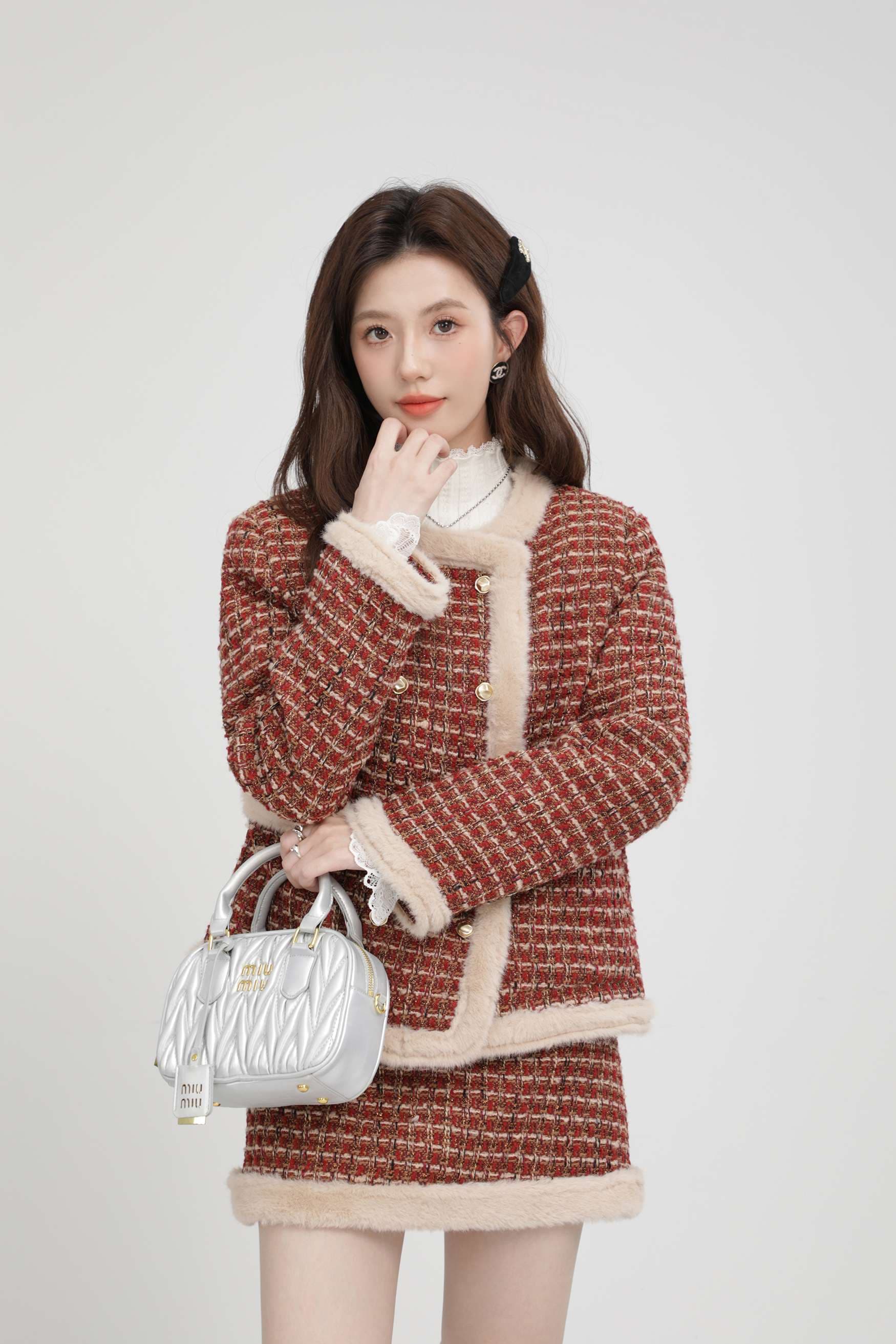 ファー付きツイードセットアップ｜デート服