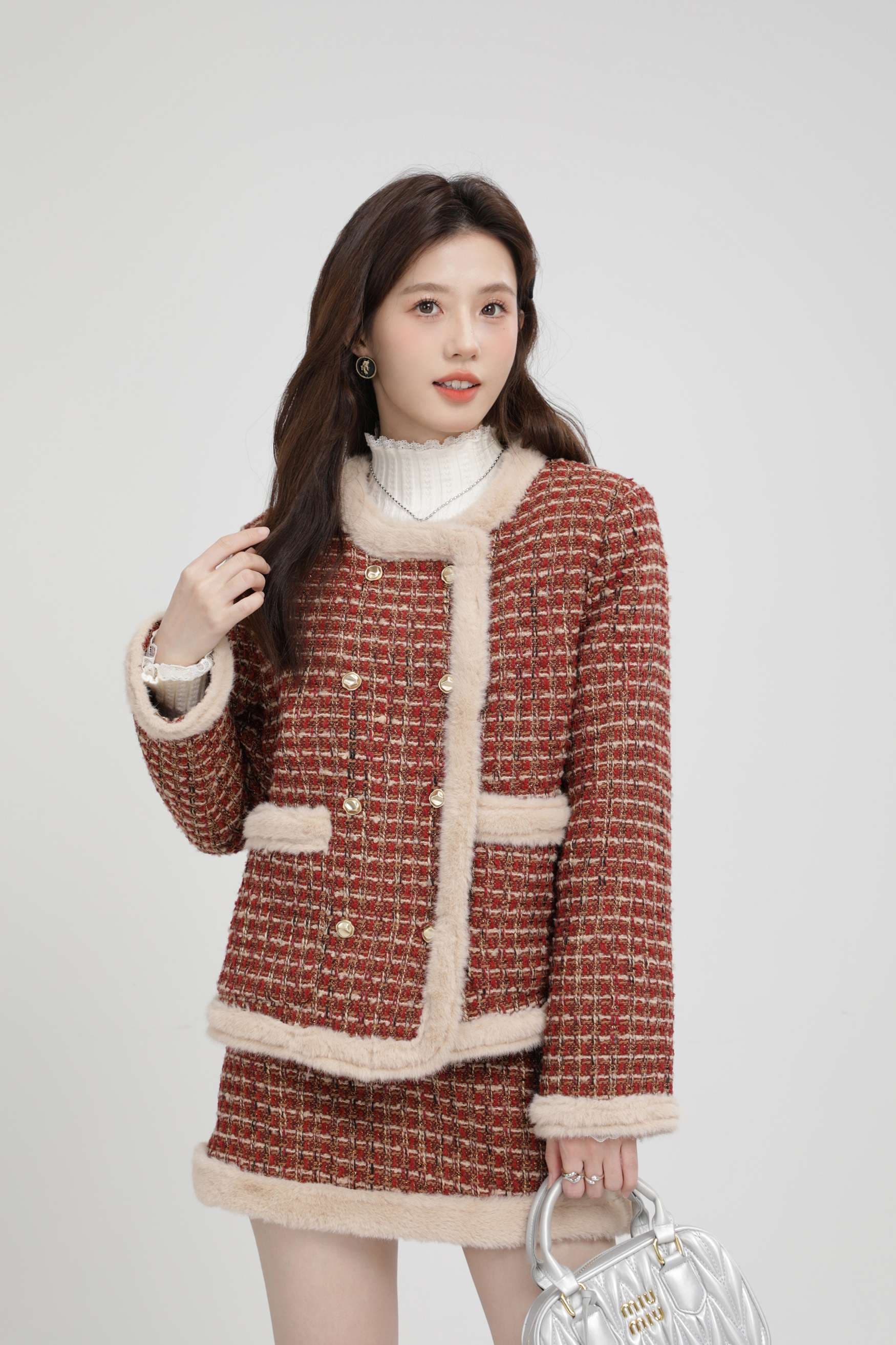 ファー付きツイードセットアップ｜デート服