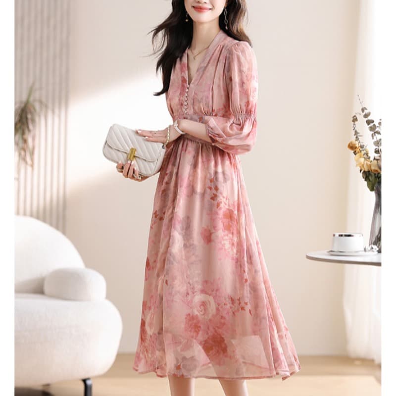 シフォンフラワープリントワンピース｜デート服