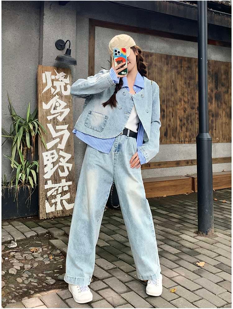 ダブルボタンデニムジャケット&ボトムス セットアップ｜デート服