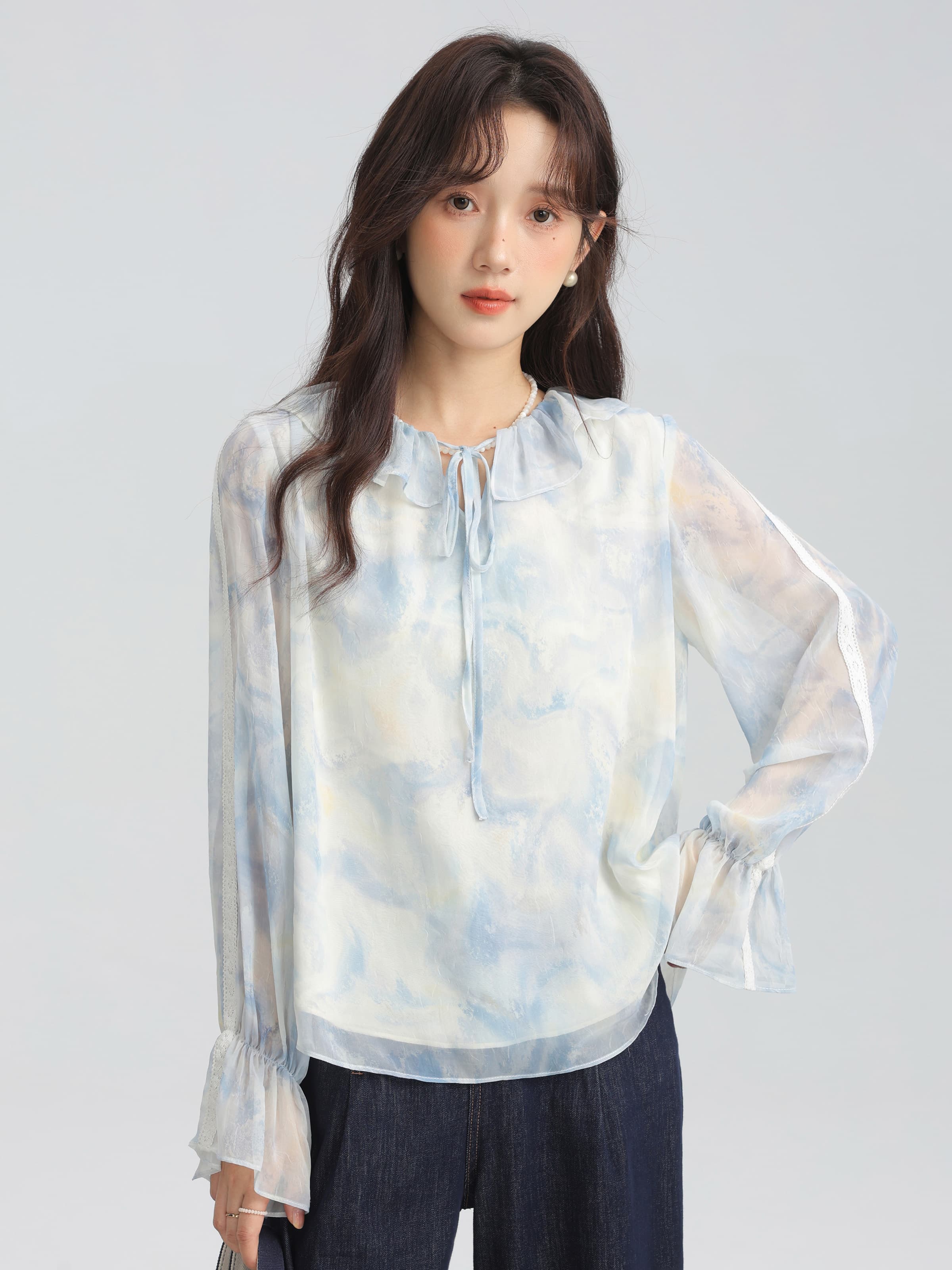 ウォーターペイントシフォンブラウス｜デート服
