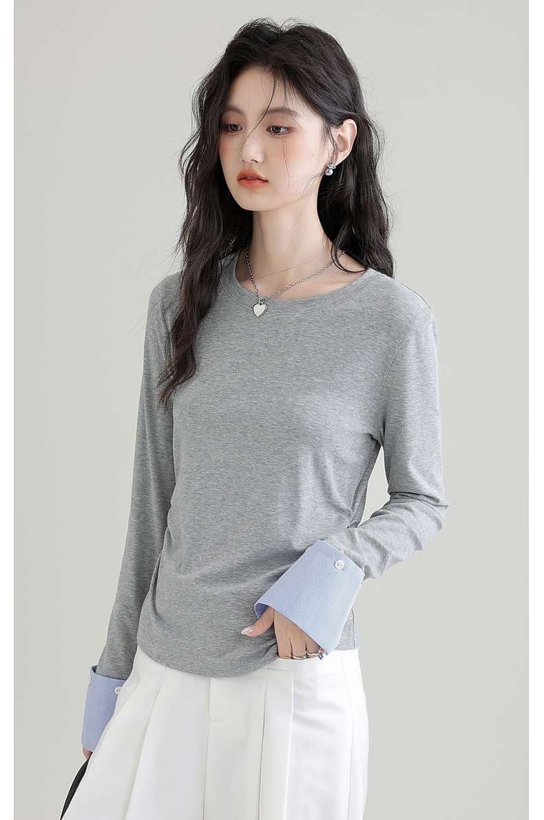 袖口切り替えロングスリーブカットソー｜デート服