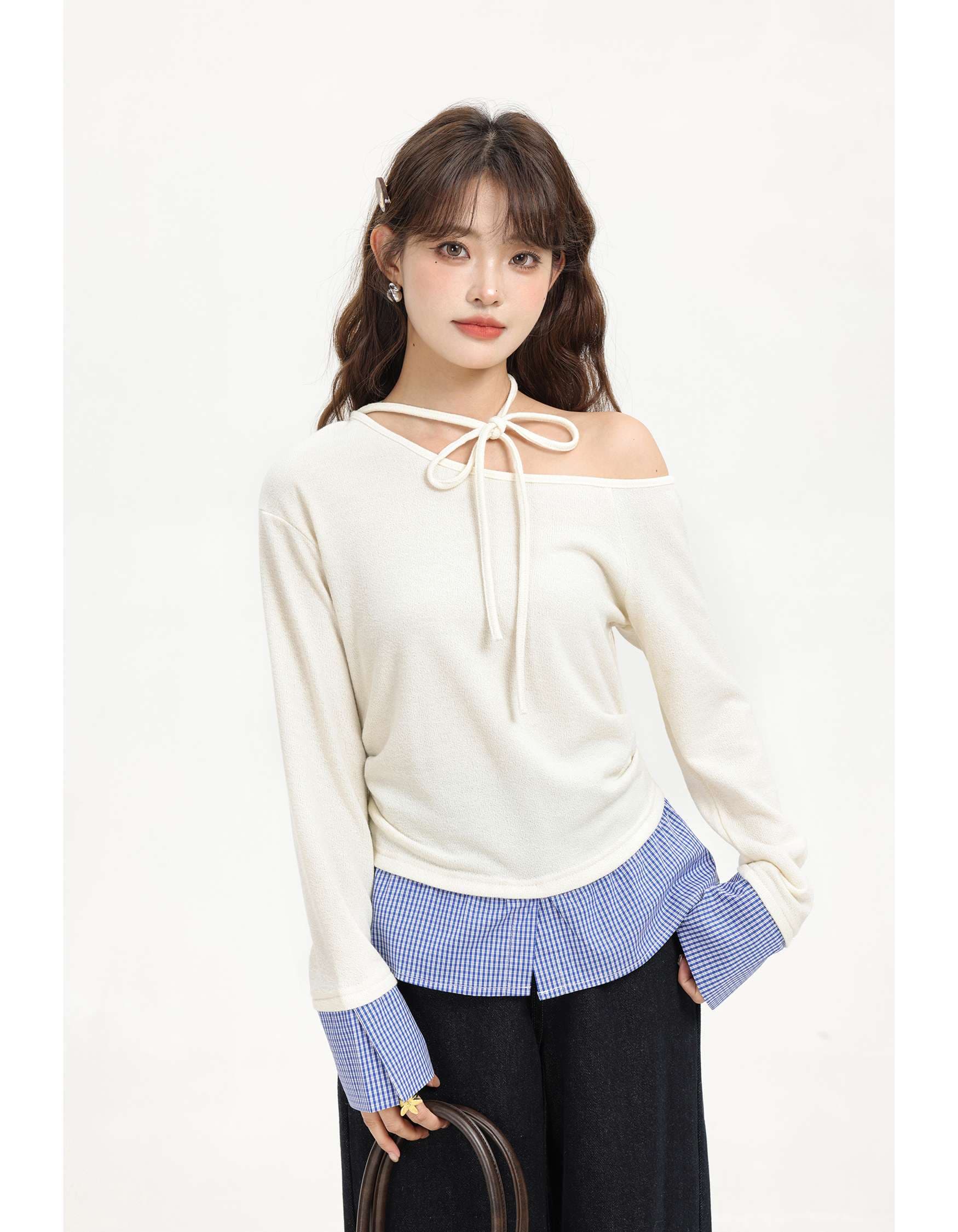 リボンタイオフショルダーレイヤードトップス｜デート服