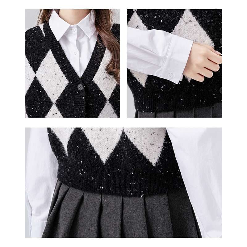 学生風アーガイルニットベスト｜デート服