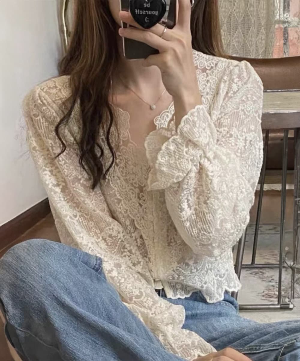 デート服春のデート服 花柄総レースブラウス透け感長袖トップス 春のデート