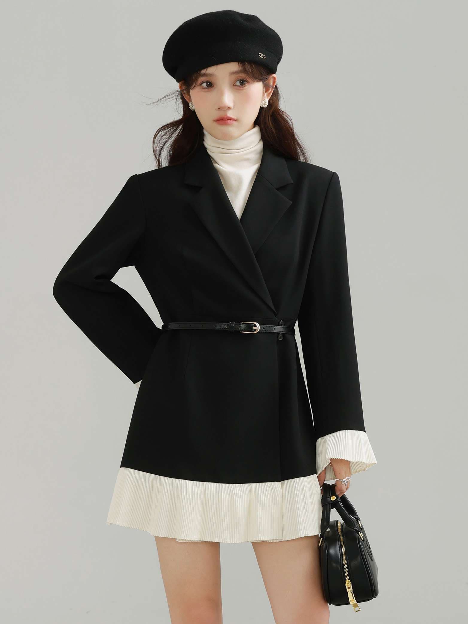 プリーツヘムベルト付きジャケットワンピース｜デート服
