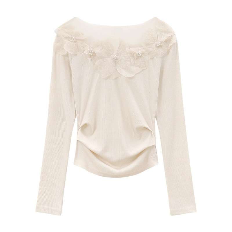 花柄メッシュ装飾オフショルダーニット｜デート服