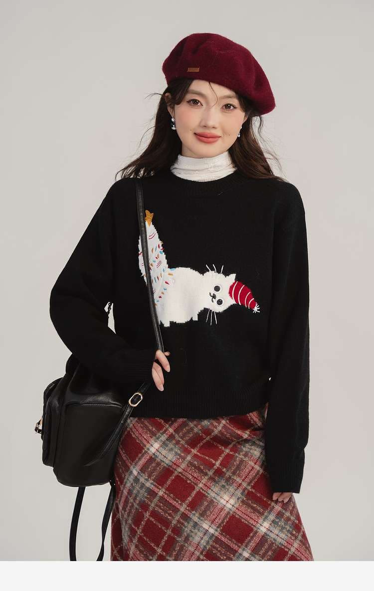 猫ちゃん柄ニット｜デート服