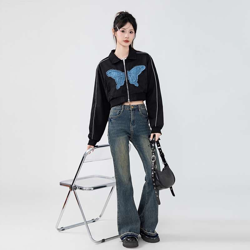 蝶々刺繍入りクロップドジャケット｜デート服
