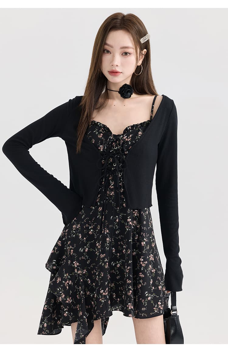 デート服 甘辛ミックス花柄レイヤードワンピース