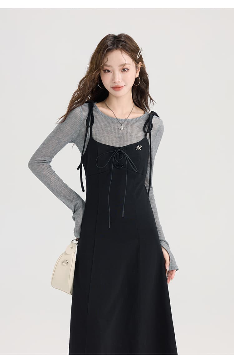 レースアップキャミワンピース＆シアーリブニットトップスセット｜デート服