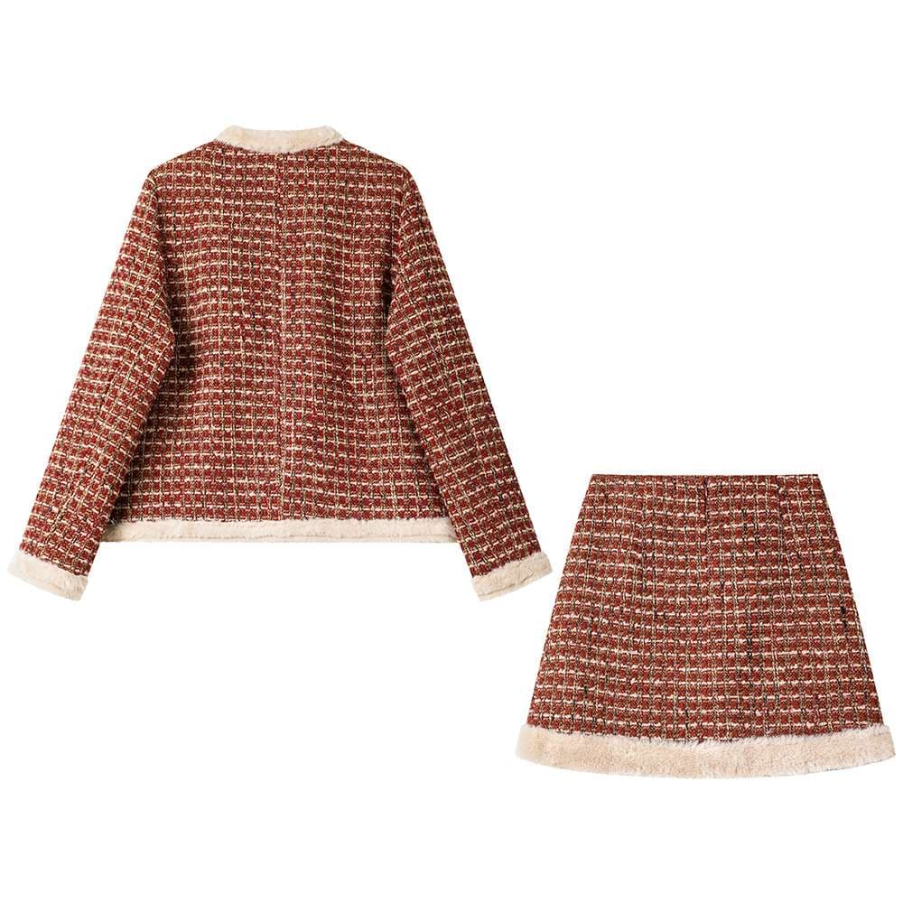 ファー付きツイードセットアップ｜デート服
