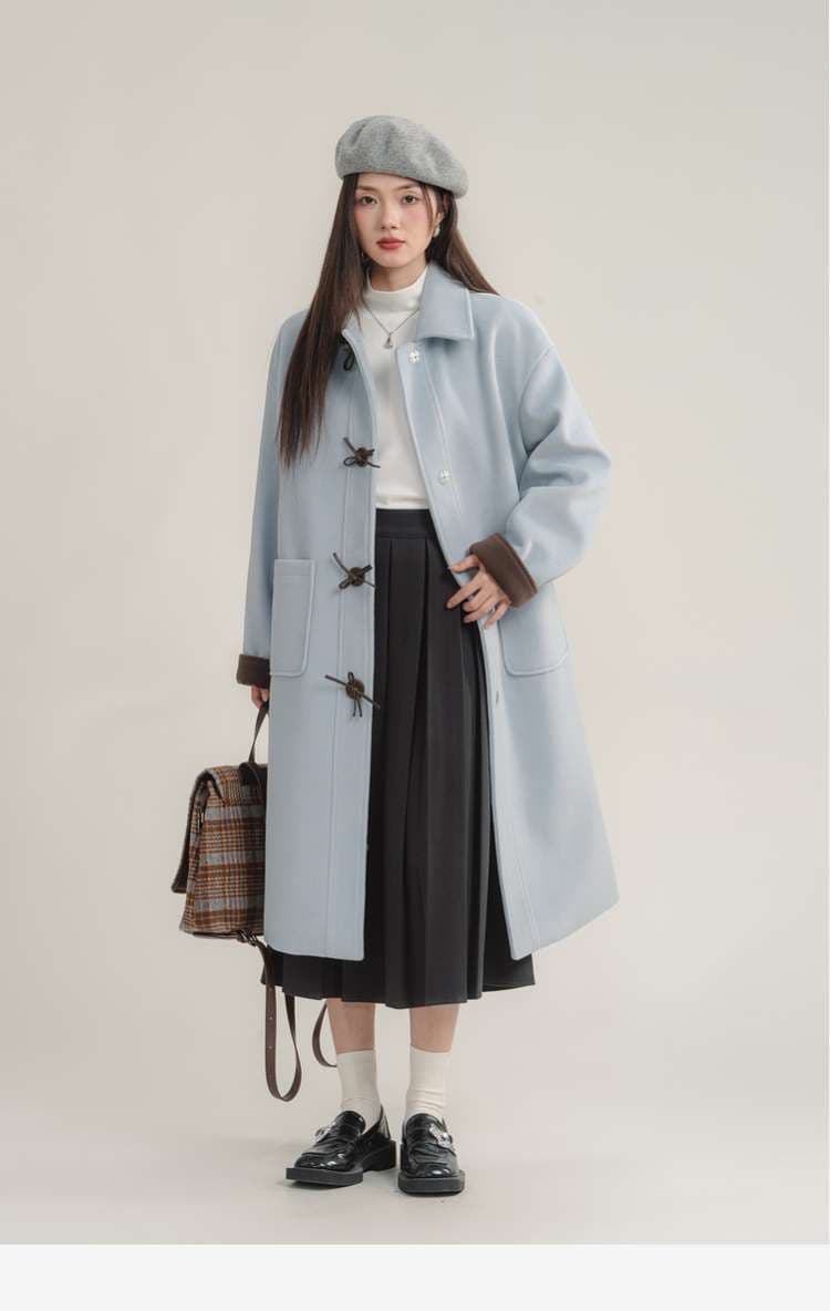 バイカラーダッフルロングコート｜デート服