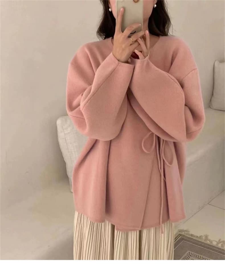 デート服秋のデート 秋冬 ゆったりニットカーディガン ウエストリボン付き