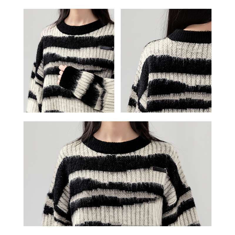 モコモコ縞模様ニットセーター｜デート服